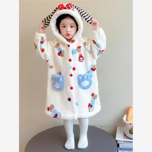 女童睡袍秋冬季法兰绒加厚儿童家居服睡袍2025新款珊瑚绒保暖冬装