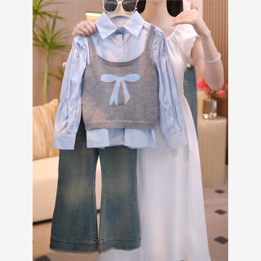 女孩衬衫背心牛仔裤套装2