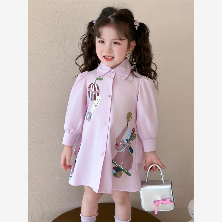 女宝宝后背蝴蝶结衬衫裙春秋季2025新款小女孩洋气时髦卡通连衣裙