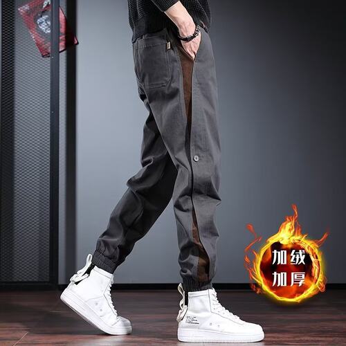 潮牌工装裤子男宽松束脚休闲加绒裤秋冬季设计感裤子男痞帅哈伦裤