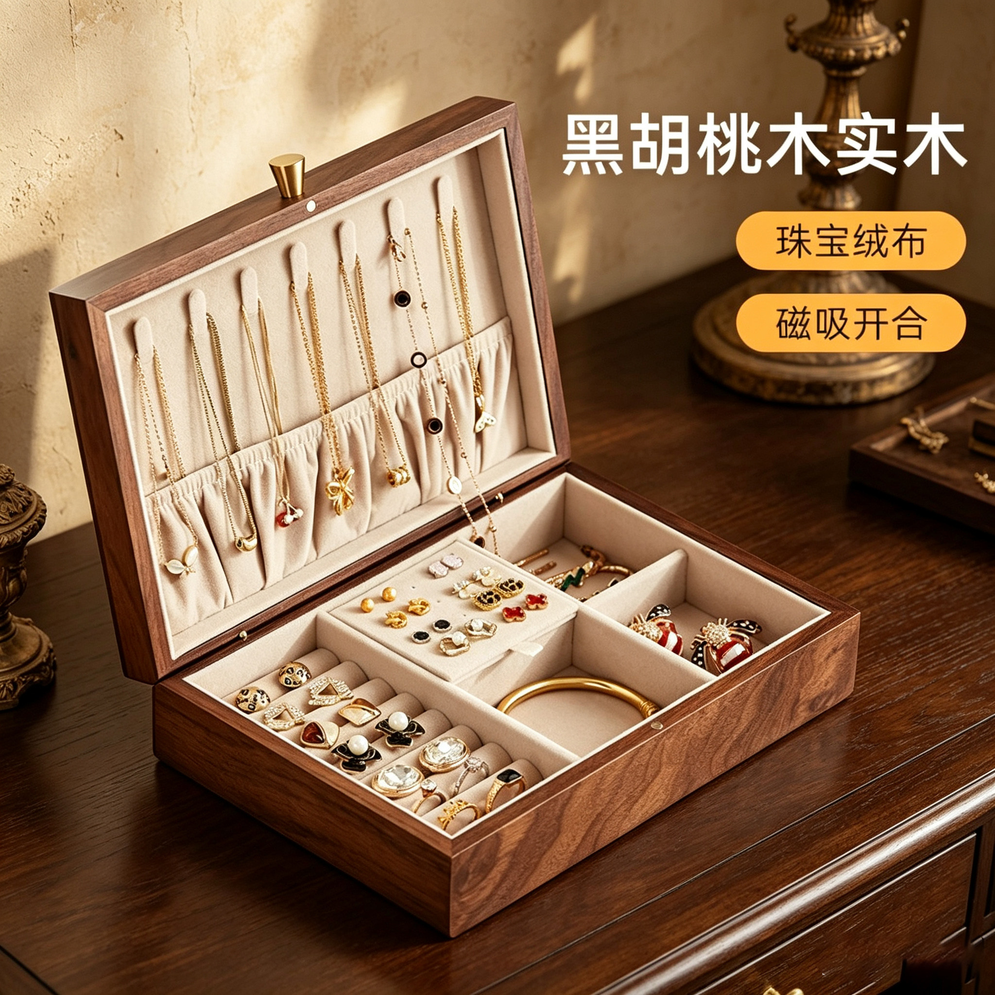 黑胡桃木首饰盒法式中古风