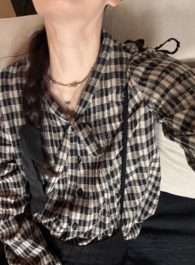 AULDCAT 2025SS 黑米编花色织格子日系衬衫系带长袖上衣