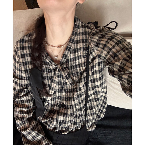 AULDCAT可爱黑米格色织长袖衬衫