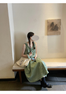 连衣裙背心长裙 真丝混纺色织绿条纹无袖 系带半裙 2023FW AULDCAT