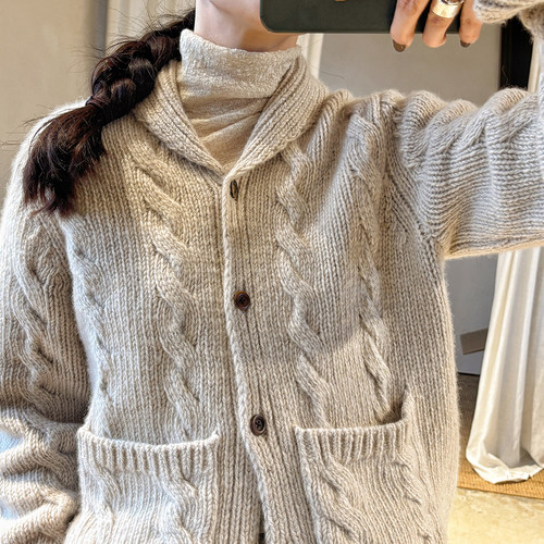 AULDCAT粗针青果领绞花外套