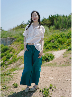 AULDCAT 2024SS 亚麻纯色松紧腰抽绳休闲直筒裤 宽松 透气