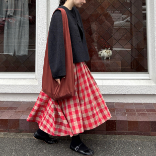 AULDCAT 色织格纹多褶松紧腰日系不规则半裙 2025FW