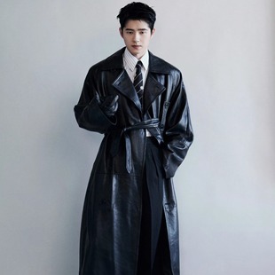 潮流休闲廓形外套男韩版 皮衣风衣夹克外搭美式 黑色长款 刘昊然同款