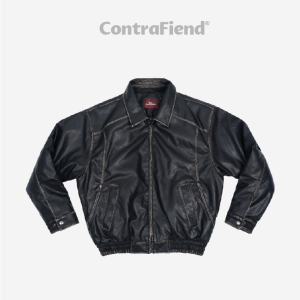 CONTRAFIEND经典PU皮做旧翻领拉链机车皮衣纯色夹克 秋冬宽松外套