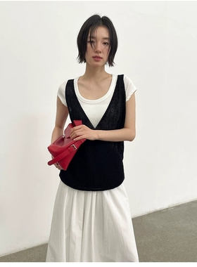 FN爱与南希2025春新款韩风纯色气质大U领亚麻背心223223黑色上衣