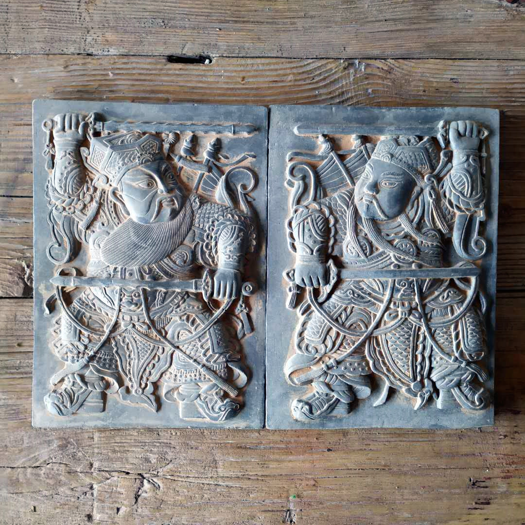 中式金砖青砖秦砖汉瓦当宣纸拓片尉迟敬德秦叔宝年画门神砖雕摆件