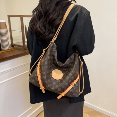 2025新款三用多功能大容量背包复古老花单肩斜挎腋下包女士托特包