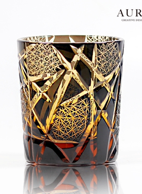 AURA'S个性江户切子杯诸神的黄昏琥珀闪电手工雕刻水晶威士忌酒杯