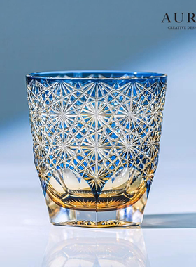 AURA'S江户切子蓝雏菊水晶玻璃杯高端手工雕刻威士忌杯洋酒礼物杯