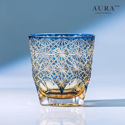 AURA'S江户切子蓝雏菊水晶玻璃杯高端手工雕刻威士忌杯洋酒礼物杯