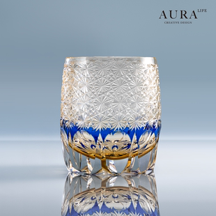 AURA 手工雕刻江戶切子琥珀高端水晶玻璃杯子威士忌洋酒禮物 S日式