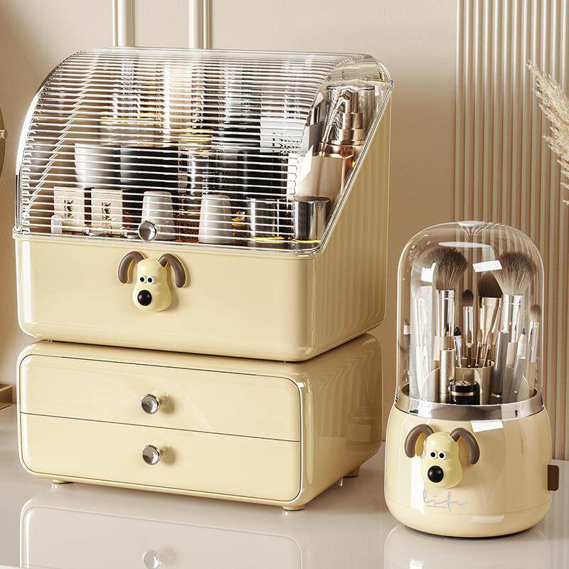 桌面化妆品收纳盒梳妆台防尘奶油风带盖护肤口红桌上置物架