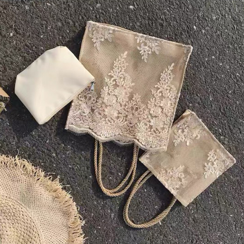 明星同款妈包咪2020韩国蕾丝手提复古购物袋夏天刺绣托特包新款