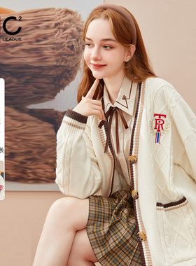 mc2针织毛衣开衫外套女秋冬季新款学院风V领字母刺绣宽松显身材