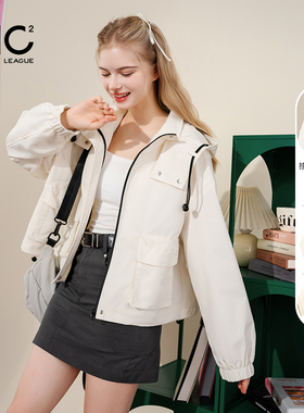 mc2连帽封闭拉链大口袋短款外套女装春秋季新款超百搭米白色