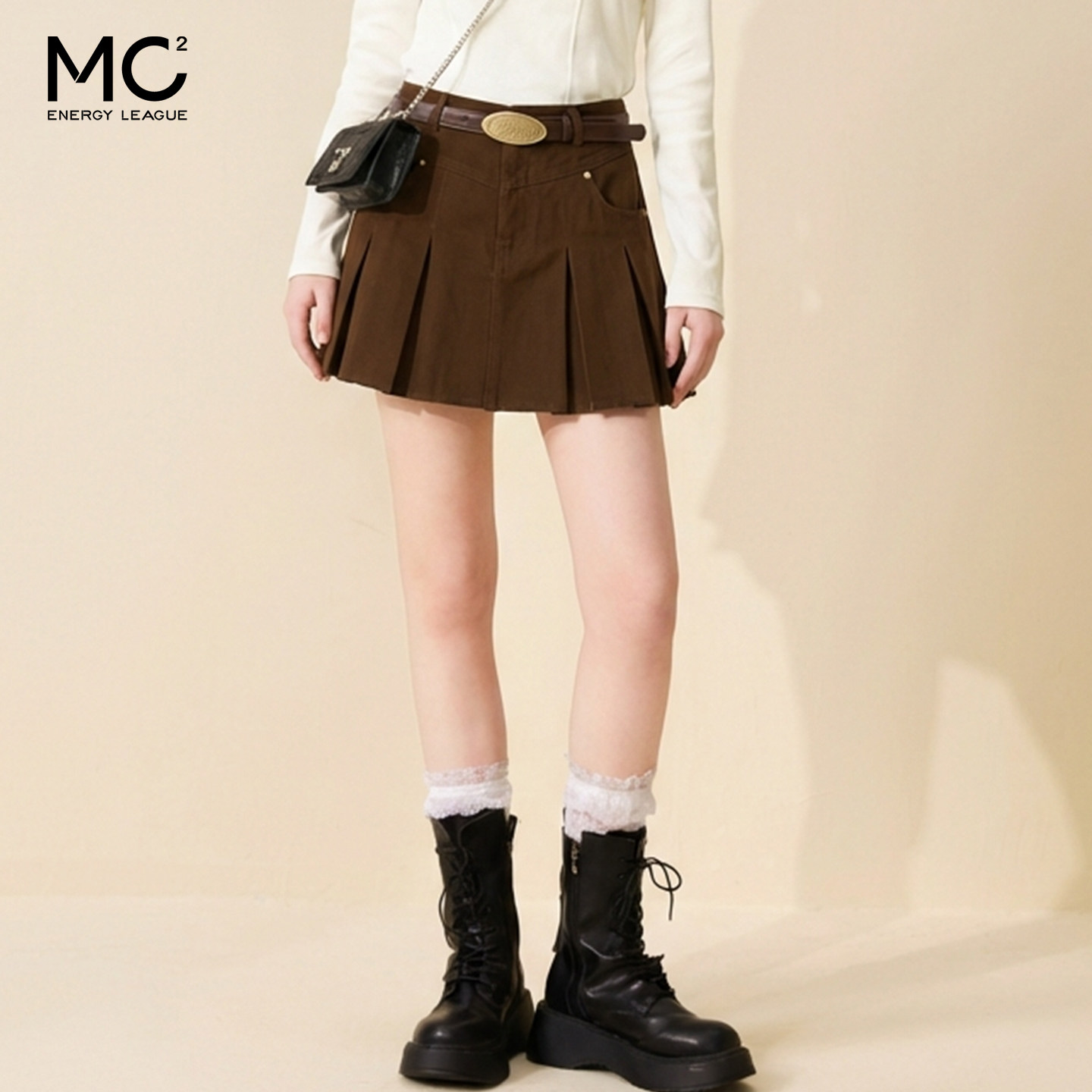 mc2高腰A型百褶裙女春秋新款深色系带口袋设计感辣妹风短裙