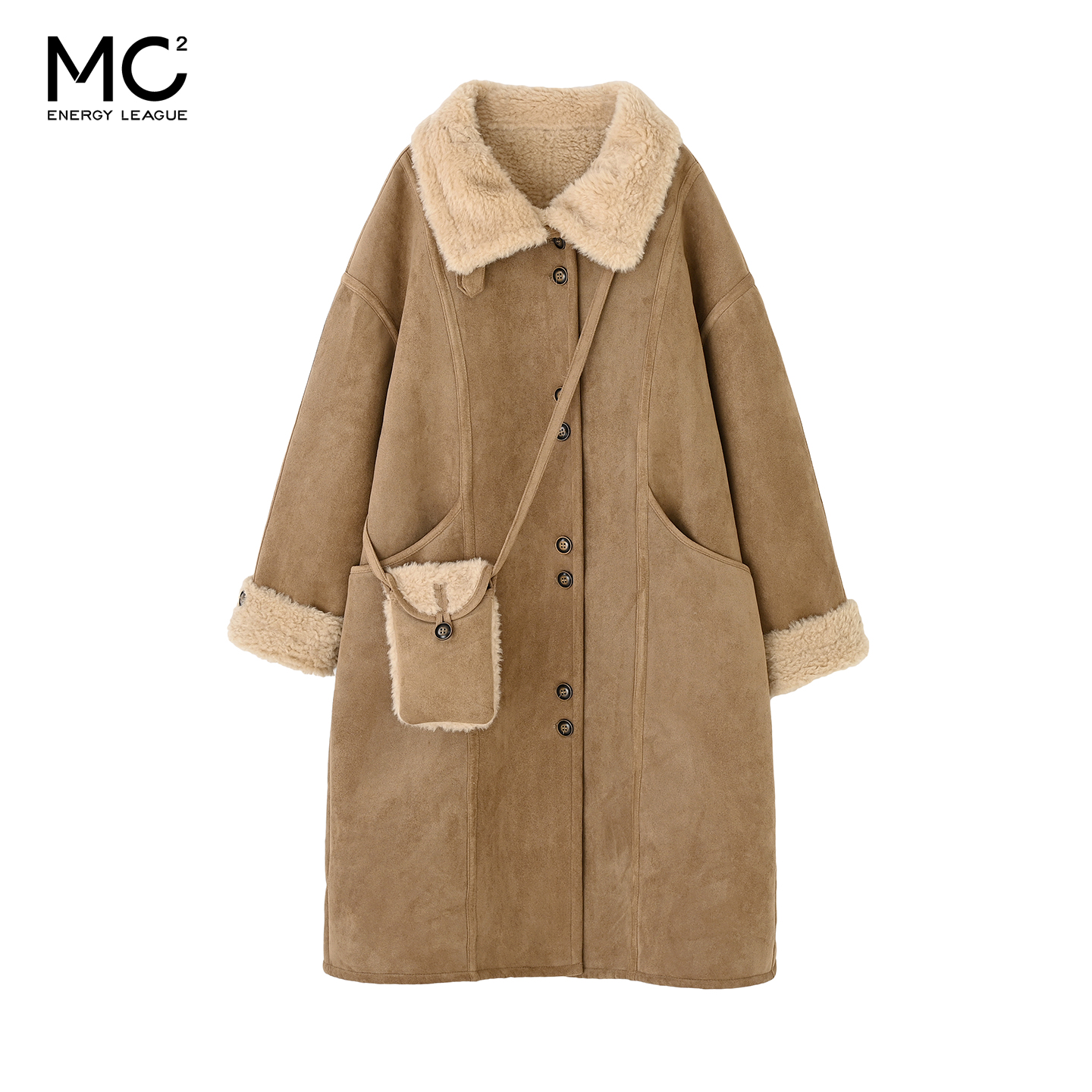 女装立领麂皮复合羊羔毛中长外套