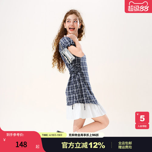 女装方领腰节绑带格子拼接连衣裙