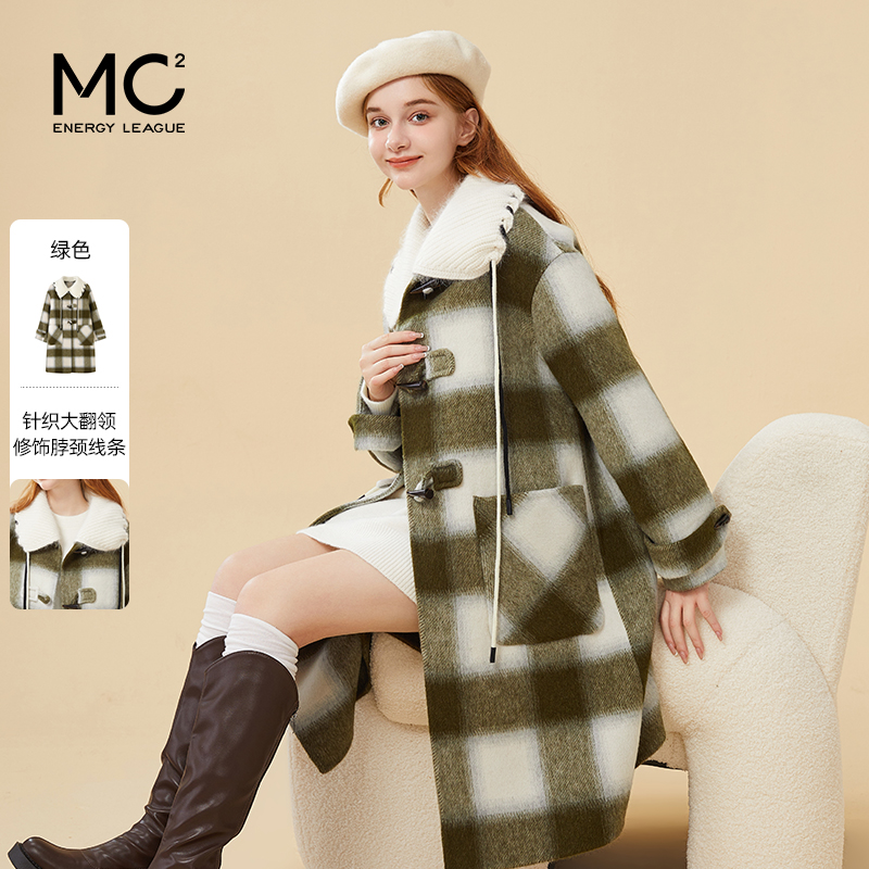 针织领子格子呢大衣F3241577