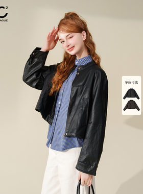 mc2圆领环保皮衣小外套女春秋季新款下摆抽绳时尚流行百搭小个子