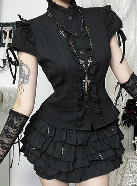 CF25132暗黑哥特风立领短袖肌理衬衫 2025新款木耳拼接百搭上衣女