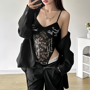 V领无袖 辣妹街头时尚 蕾丝暗扣连体衣 欧美风字母印花修身 醉窖大码