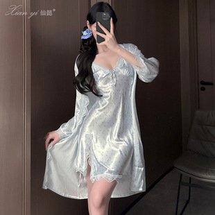 仙懿睡衣女纯欲风长袖 带胸垫仿真丝家居服可外穿663 吊带睡裙套装