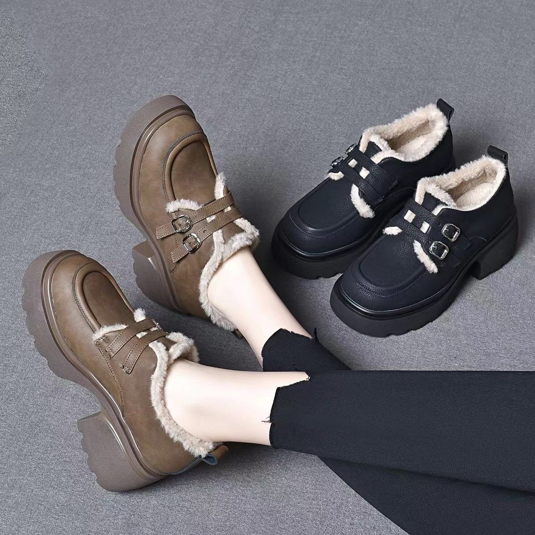 加绒深口女鞋真皮粗跟棉鞋秋冬季厚底毛毛鞋百搭时尚女款软底皮鞋