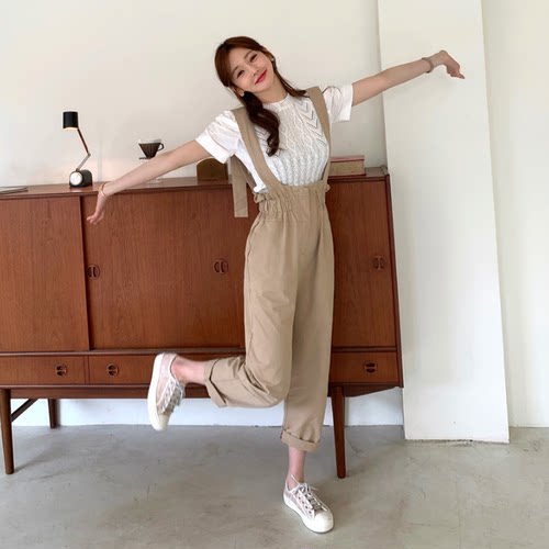现货韩国东大门女装春秋季新款韩范纯欲可调节背带连体休闲裤潮
