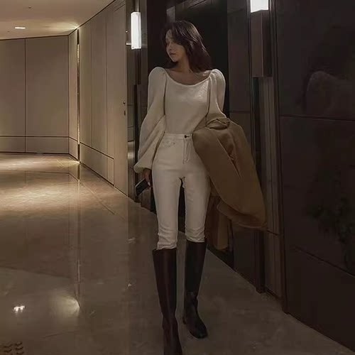 韩范修身显瘦白色九分小脚牛仔裤