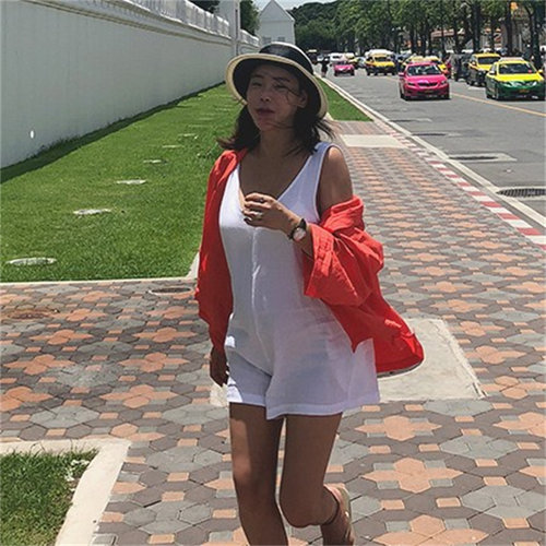 现货韩国东大门女装夏季韩范纯欲V领露背宽松背心连体短裤潮