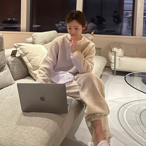 宽松毛绒抽绳卫衣休闲裤两件套装