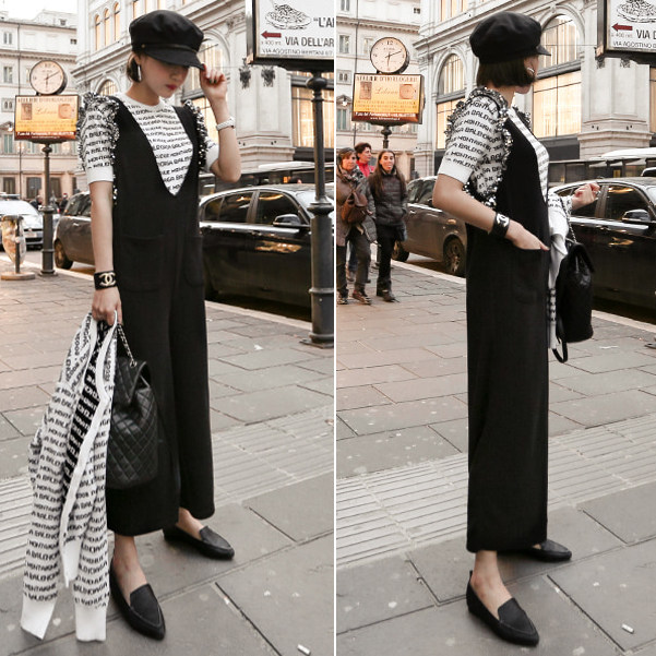 现货韩国东大门女装春夏秋韩范纯欲前后V领亮片拼接阔腿连体裤