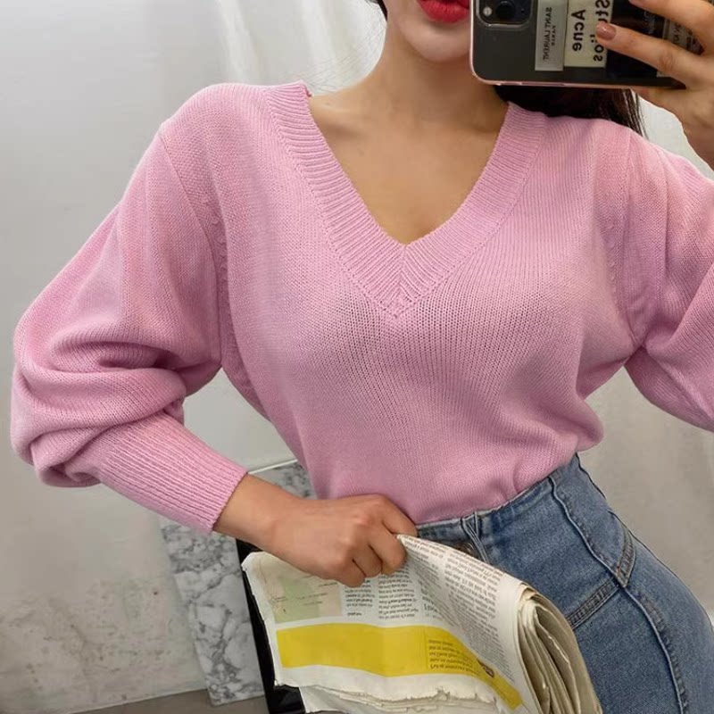 现货韩国东大门女装2024秋冬新款韩范纯欲V领宽松短款套头针织衫