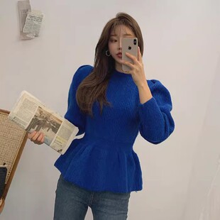 现货韩国东大门女2024秋季韩范修身显瘦泡泡袖收腰荷叶边针织毛衣