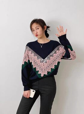 淑女宽松休闲蕾丝花边拼接卫衣