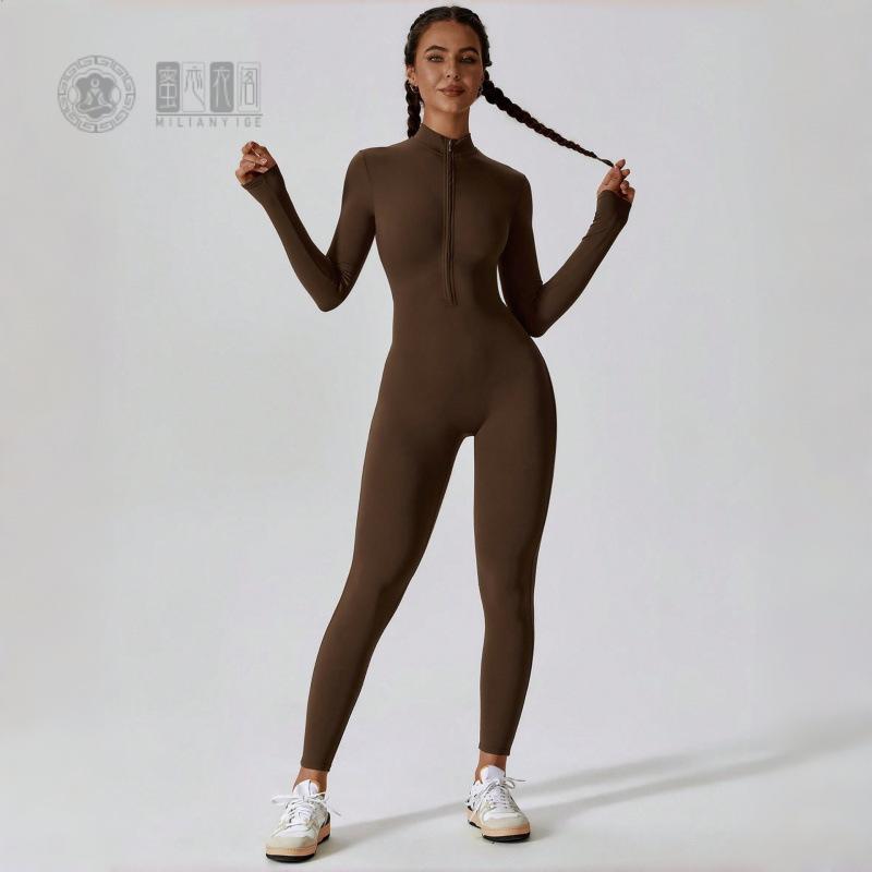 新款紧身拉链连体长袖修身显臀女