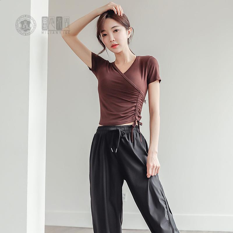 瑜伽上衣夏季短袖v领露脐性感