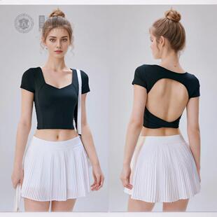 新款运动短袖女一体杯弹力防震健身跑步恤性感大露背瑜伽服外穿