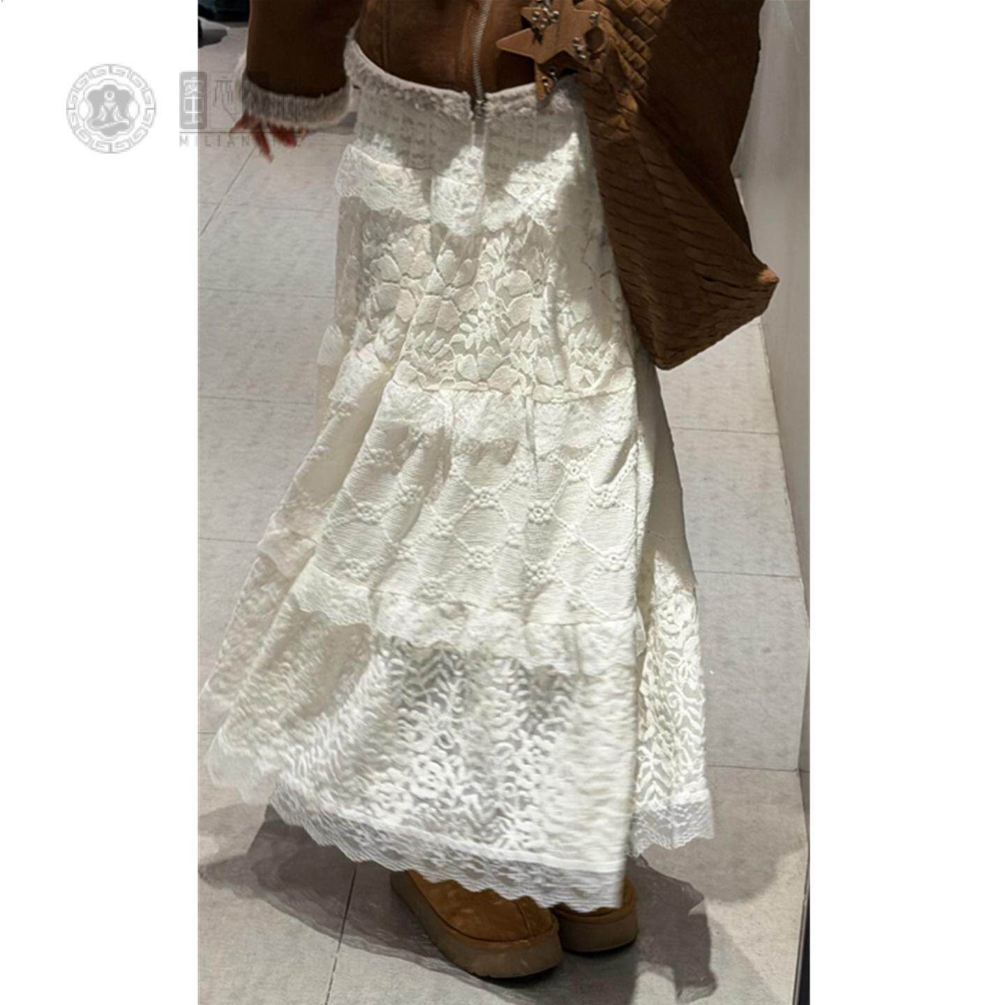 韩系奶油风甜美蕾丝花边拼接半身裙女秋冬加绒加厚A字毛绒感长裙