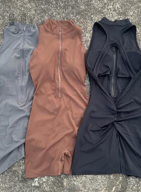 纯色高强度运动美背瑜伽连体服拉链裸感紧身连体健身服女plai