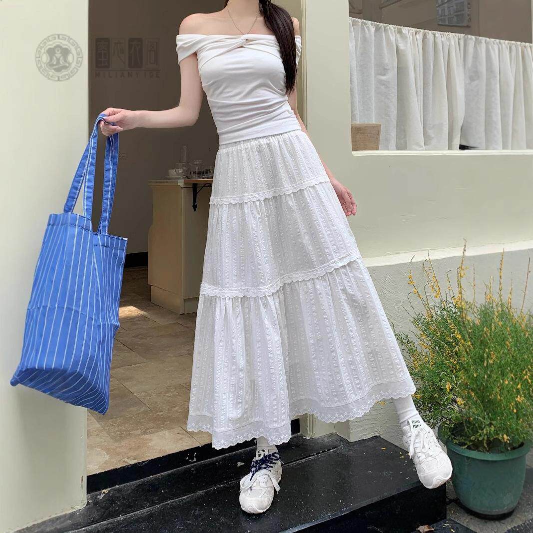 蛋糕层蕾丝花边拼接半身裙女2025春新款温柔风小众A字白色长裙子