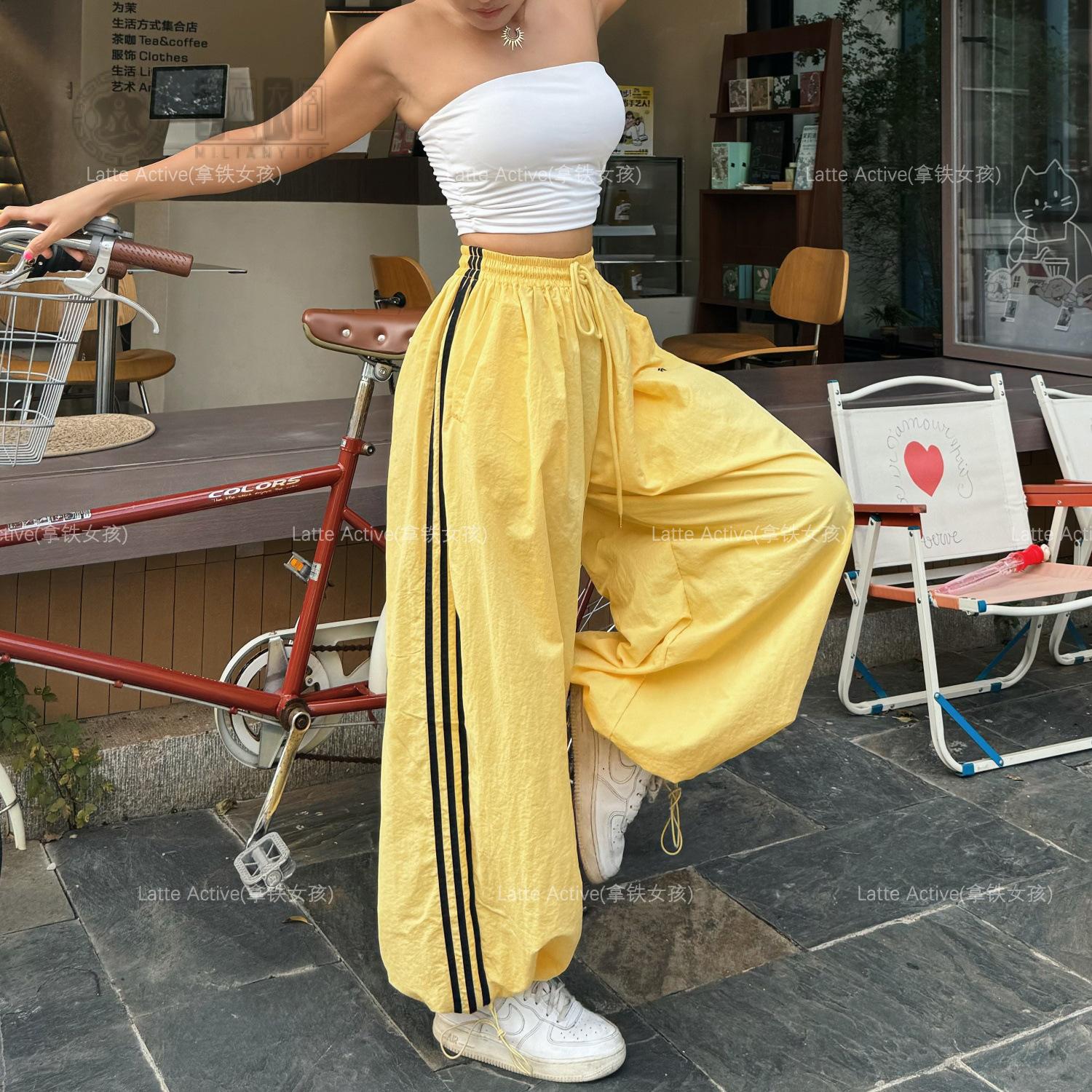 拿铁女孩美式条纹杠阔腿裤女直筒