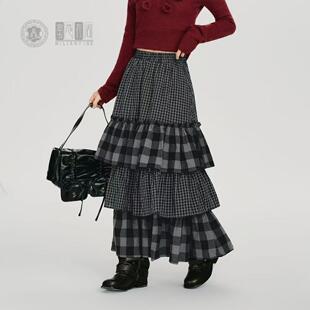 美式复古格纹拼接多层裙摆半身裙女冬季新款高腰宽松显瘦蛋糕长裙
