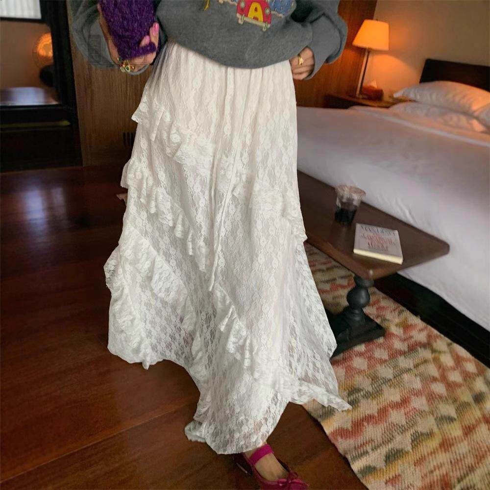 意式浪漫风白色蕾丝半身裙女2025春季新款不规则荷叶边a字法式长